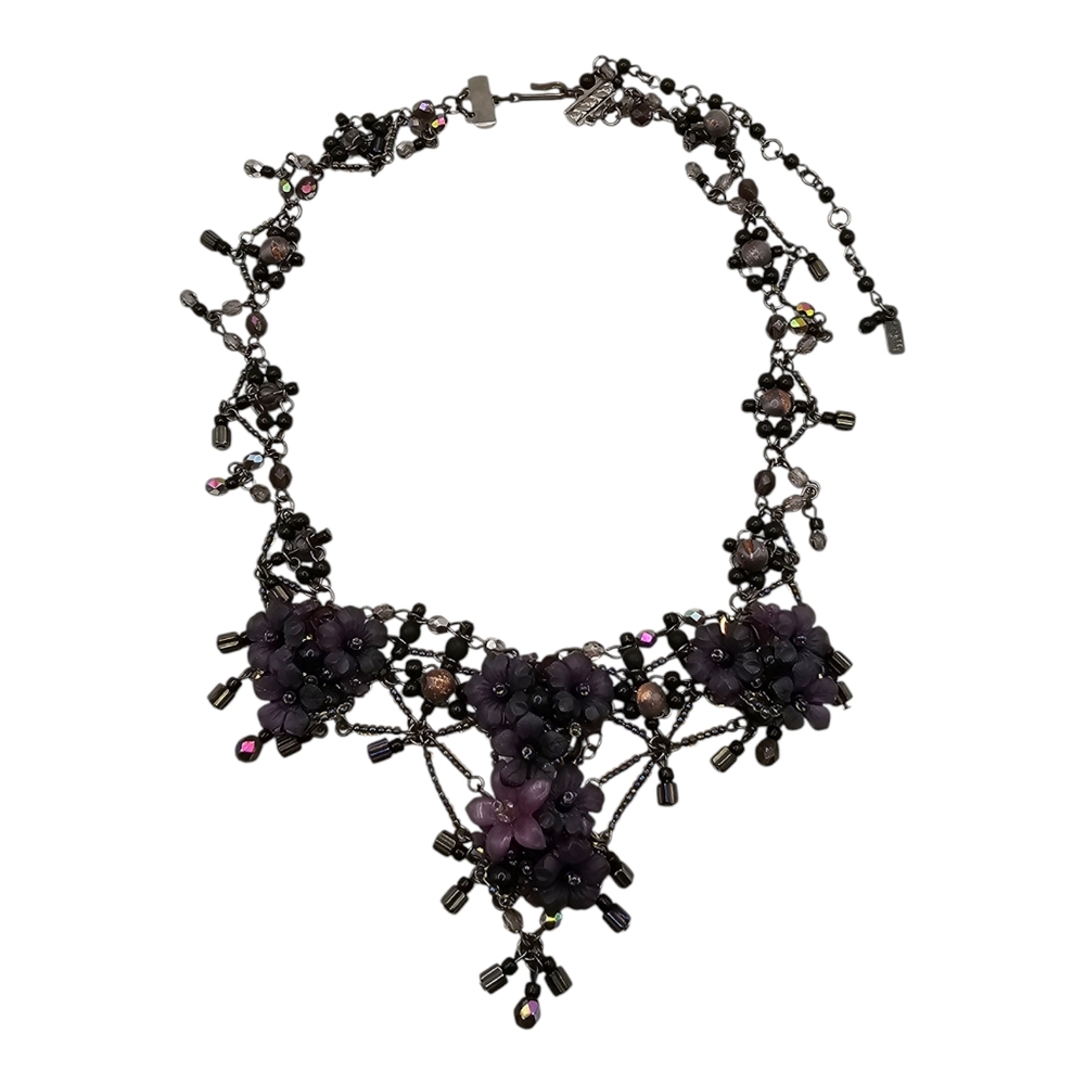 Vtg Colleen Toland Purple & Black Floral Foliage Bead Statement Necklace 18 1/2”
